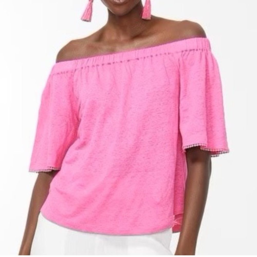 Chicos Linen Pom Pom Trim Off The Shoulder Top Bahamian Pink size xl